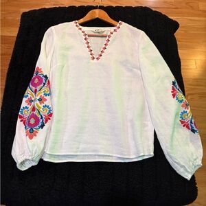 Boden White Linen Blouse with Colorful Embroidery, New Without Tags